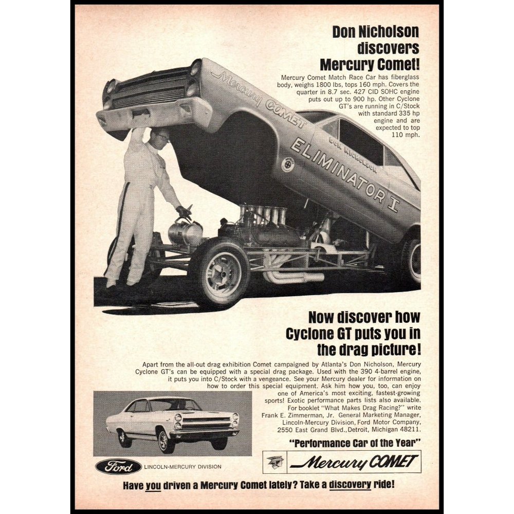 1966 Mercury Cyclone GT Vintage Print Ad Comet Funny Car Dragster Wall Art